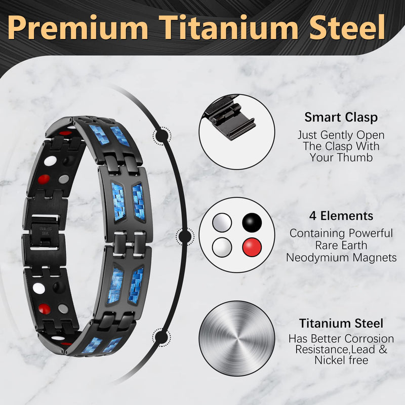 Jeracol Blue Carbon Fiber Titanium Steel Magnetic Bracelet for Men, 4 Element Double Row Strong Magnets,Size Adjustable Brazaletes Wristband with Removal Tool&Gift Box,Gift for Boyfriend Father's Day - BeesActive Australia