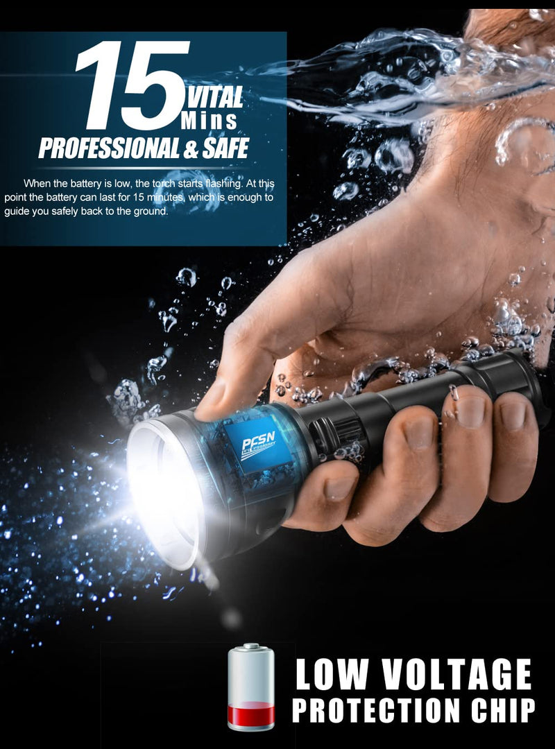 Scuba Diving Lights, PFSN DF-3000 Professional Underwater Flashlight 150m Waterproof Dive Torch with Long Lasting Rechargeable Battery, Super Bright Light Great for Night Caving Explore Fishing - BeesActive Australia