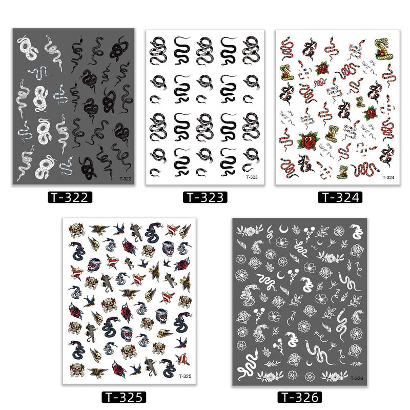 5 Sheets 3D Snake Nail Stickers Self-Adhesive Nail Decals Python Black Mamba Skull Eagle Pattern Design Adhesive Nail Sticker Punk Style DIY Nail Art Decoration (5 Sheets Snake Design Stickers/Set) 5 Sheets Snake Design Stickers /Set - BeesActive Australia