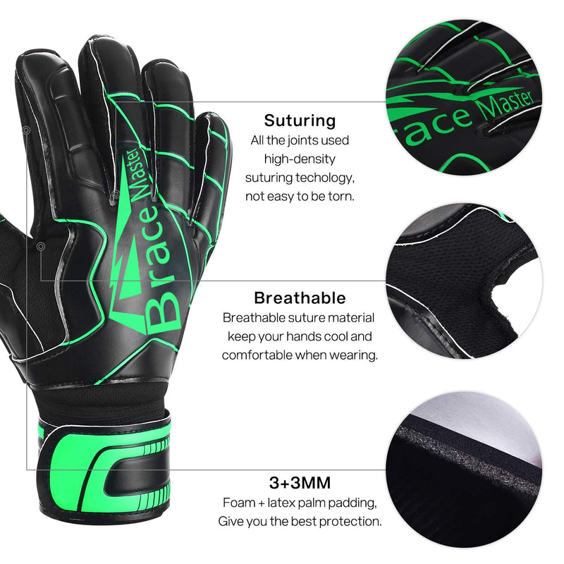 Brace Master Goalie Gloves for Youth & Adult, Goalkeeper Gloves Kids with Finger Support, Soccer Gloves for Men and Women, Junior Keeper Football Gloves for Training and Match 10 Black-Green - BeesActive Australia
