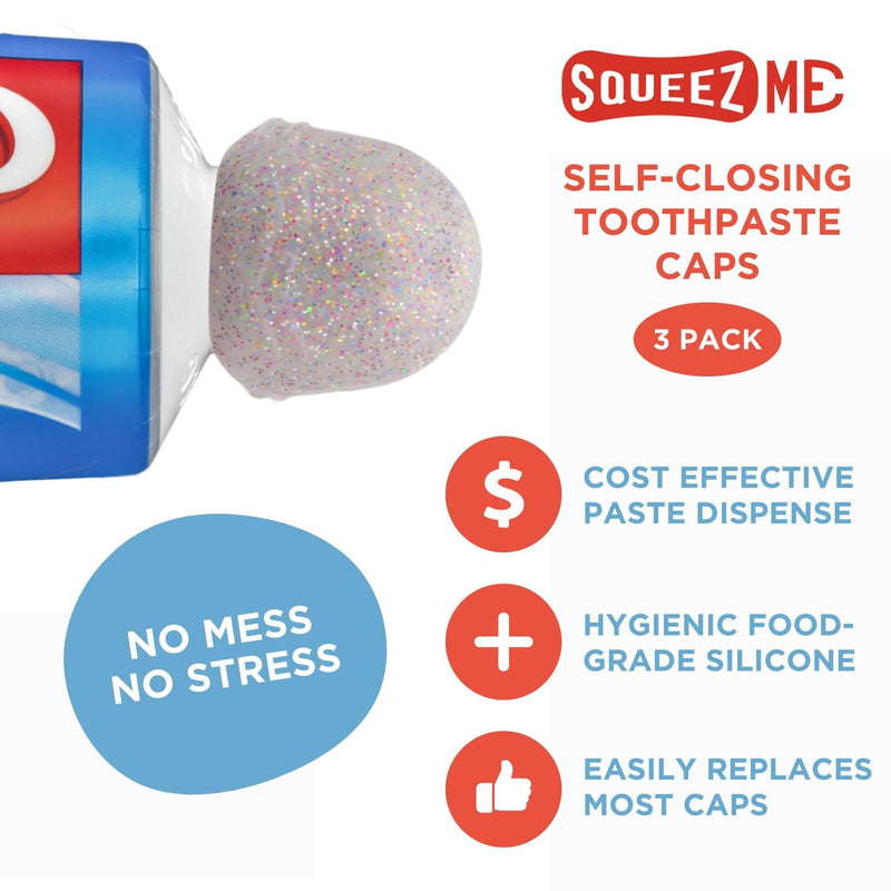 Toothpaste Caps 6 Pack, SqueezMe by Chrome Cherry, Self-Closing, Silicone Caps, Mess-Free Toothpaste Dispenser Squeezer Lids for Kids, Adults, Bathroom Accessories for Tooth and Gum Health (Glitter) 6-pack Glitter - BeesActive Australia
