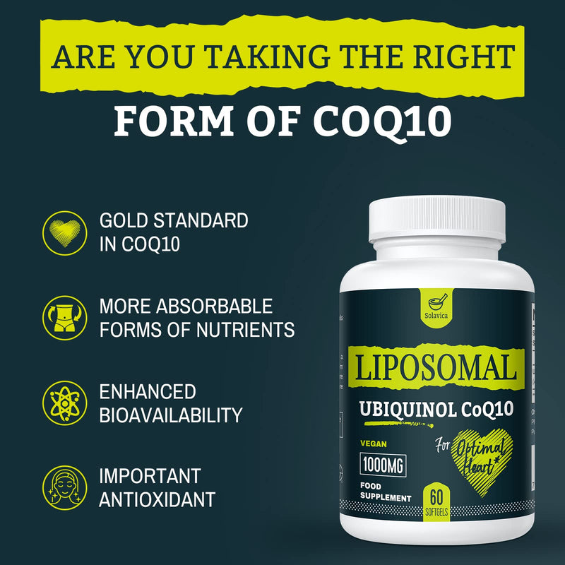 Solavica Liposomal Ubiquinol Vegan CoQ10 1000 mg, High Bioavailability (The Active m of CoQ10), Powerful Antioxidant Heart Health, Beneficial to Statin Users, Non-GMO, 60 Softgels (1PACK) 1PACK - BeesActive Australia