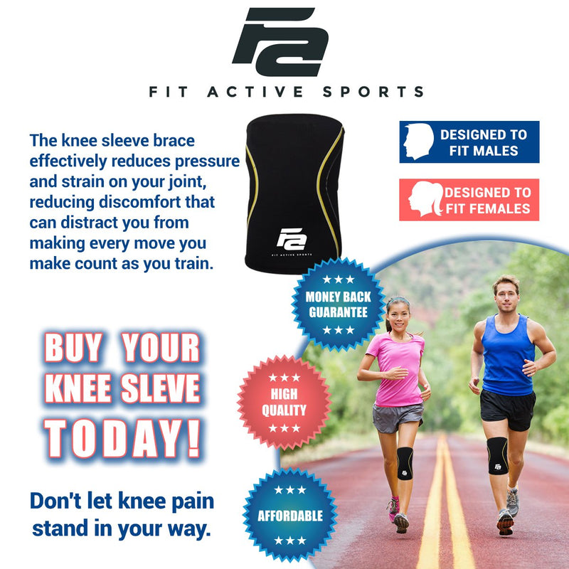 Fit Active Sports Knee Compression Sleeves for Powerlifting, Weightlifting, Wrestling, Cross Training, Squatting, Running, Meniscus Tear - for Men & Women (1 Pair) Black, Gold X-Large - BeesActive Australia