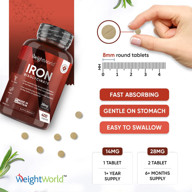 Gentle Iron Tablets High Strength 28mg - 400 Tablets (6+ Months Supply) - Vegan Iron Bisglycinate - Energy Tablets for Tiredness and Fatigue - High Absorption Iron Supplements for Women and Men - BeesActive Australia