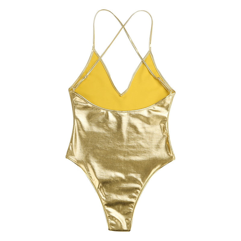 [AUSTRALIA] - iEFiEL Women's Sexy Leather Spaghetti Strap Deep V One Piece Thong Monokini Clubwear Bodycon Dance Leotard Catsuit Gold Large 