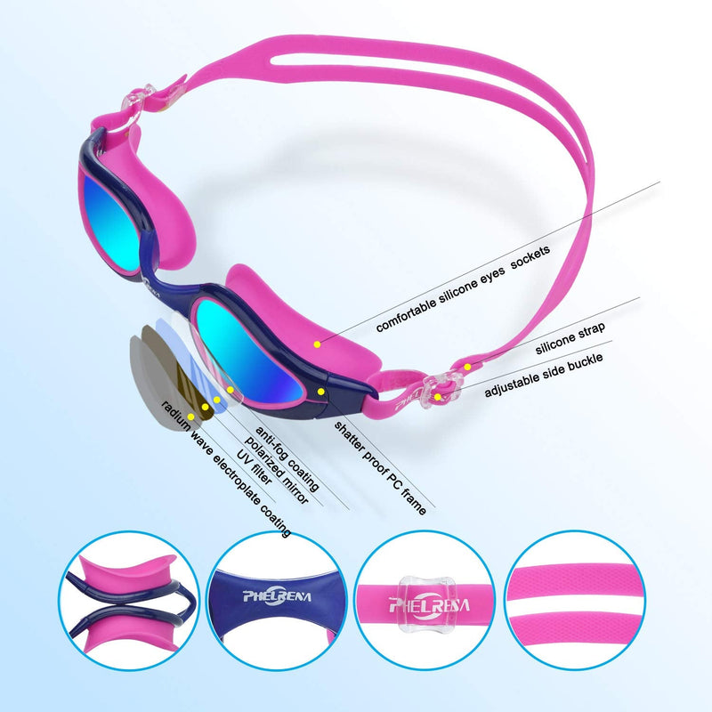 PHELRENA Swim Goggles, Anti Fog,No Leaking,UV Protection,Shatter-Proof, Clear Wide Vision Triathlon Swim Goggles Pink-blue - BeesActive Australia