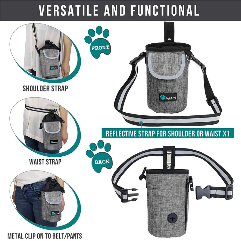 PetAmi Dog Treat Pouch with Large Front Pocket | Dog Training Pouch Bag with Waist Shoulder Strap, Poop Bag Dispenser, Collapsible Bowl | Training Bag for Kibbles, Pet Toys | 3 Ways to Wear Heather Grey - BeesActive Australia