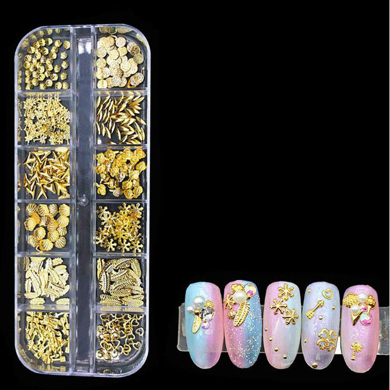 SILPECWEE 4 Boxes 3D Flat-Back Nail Art Crystals Kit Gold Hollow Nail Studs Shell Horse Eyes Manicure Decoration With 1Pc Tweezers 1Pc Picker Pencil NO3 - BeesActive Australia