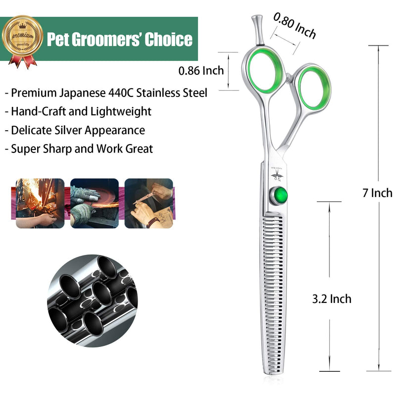 7 Inch Straight, Downward Curved Dog Grooming Scissors Set Professional Pet Cutting, Thinning Texturizing, Chunker Shears Safety Trimming Shearing for Dogs Cats Japanese Stainless Steel Silver - BeesActive Australia