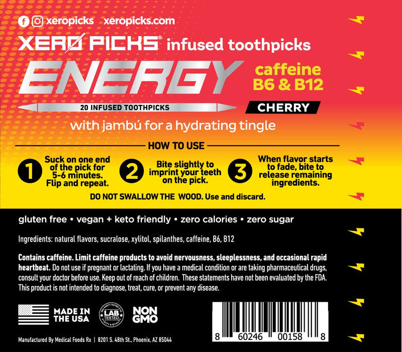 Xero Picks Energy Infused Flavored Toothpicks with Caffeine, B12 and B6 (Cherry, 3 Pack) Cherry - BeesActive Australia