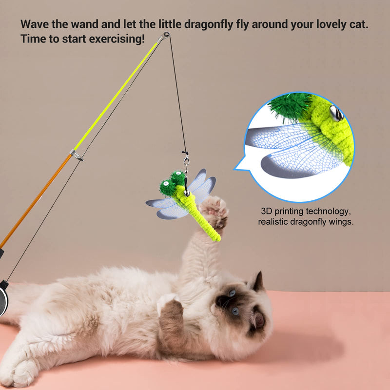 Cat Fishing Pole Toy, 1 Retractable Cat Wand 4 Replacement Attachments with Feathers Fish Dragonfly Caterpillar with Crinkle Paper Interactive Kitten Toys Gifts with Detachable Bells Nylon Rope 5PCS CAT FISHING POLE TOY - BeesActive Australia