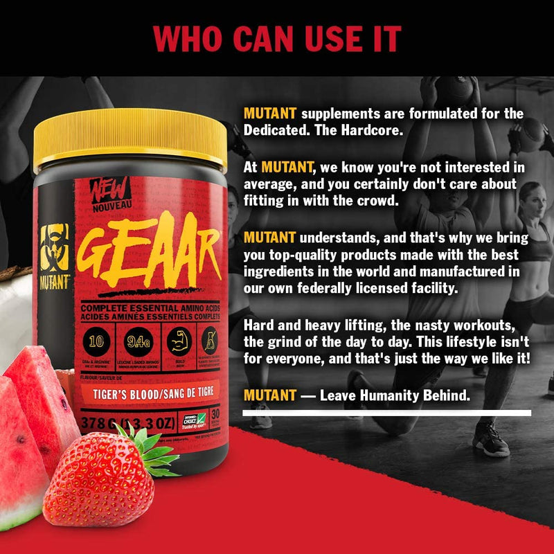 MUTANT GEAAR | 9.4g of EAA Powder + Arginine, 7g BCAAs, 4g Leucine, Electrolytes, Coconut Water, No Artificial Colours or Flavours | 30 Servings | Tropical Fruit Punch | 378g 378 g (Pack of 1) - BeesActive Australia