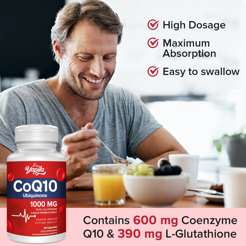 CoQ10 with L-Glutathione 1000mg Capsules - 100% Fermented Coq10 Supplement, High Absorption, Super Strength Coenzyme Q10, Antioxidant Supplements, Soy-Free, Glute-Free, Non-GMO, Vegan 60 count (Pack of 1) - BeesActive Australia