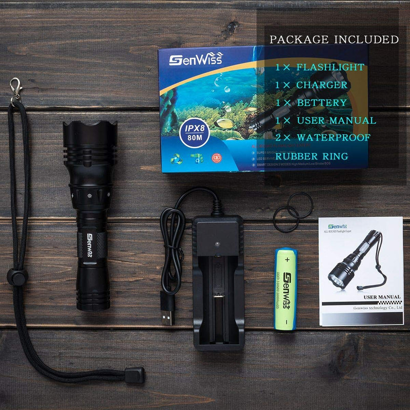 Genwiss Dive Light, Diving Flashlight Underwater Lights Scuba Diving Flashlight, 1000 Lumens Underwater 80M Flashlight for Diving Activities, Torch Light with Rechargeable Battery and USB Charge - BeesActive Australia