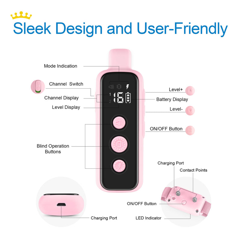 Bousnic Shock Collar for Dogs - Waterproof Rechargeable Dog Electric Training Collar with Remote for Small Medium Large Dogs with Beep, Vibration, Safe Shock Modes (8-120 Lbs) (Pink) - BeesActive Australia