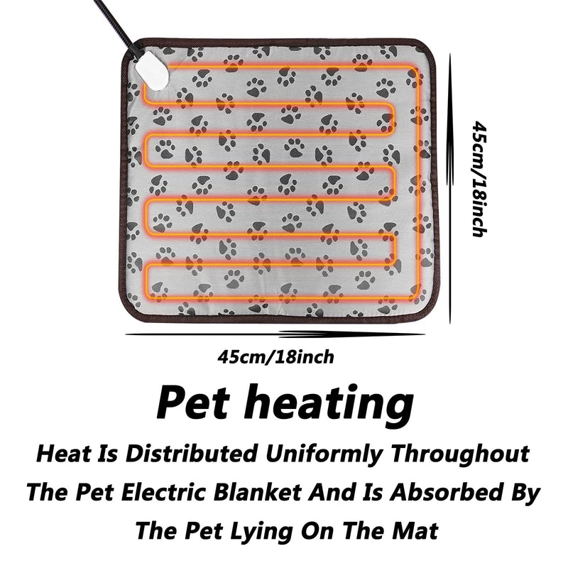 Pet Heating Pad,Upgraded Electric Dog and Cat Thermal Mat,Adjustable Temperature Warming Mat,with Automatic Shut-Off Timer,Easy to Clean Waterproof Anti-Chewing Cord,30-60W(Free Grey Cloth Cover) 18in*18in Grey（Dog footprints） - BeesActive Australia