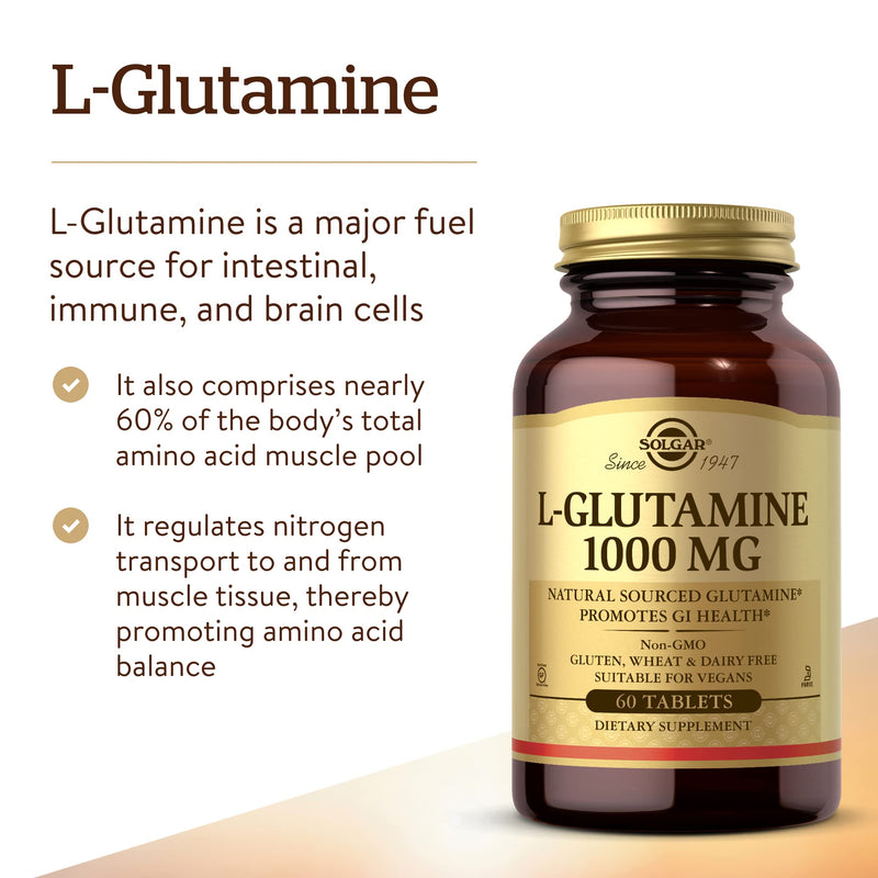 Solgar L-Glutamine 1000 mg Tablets - Pack of 60 - Supports Muscle Function - For Active Lifestyles - Great Addition to Whey Powder - Vegan - BeesActive Australia