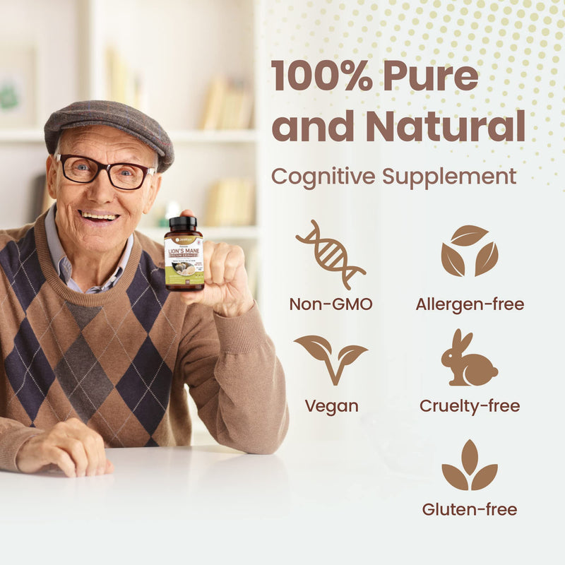 JeaKen - Lions Mane Mushroom, Immune System Booster and Brain Power Supplement, Promotes Cognitive Function and Wellness, 120 Vegan Lions Mane Capsules - BeesActive Australia
