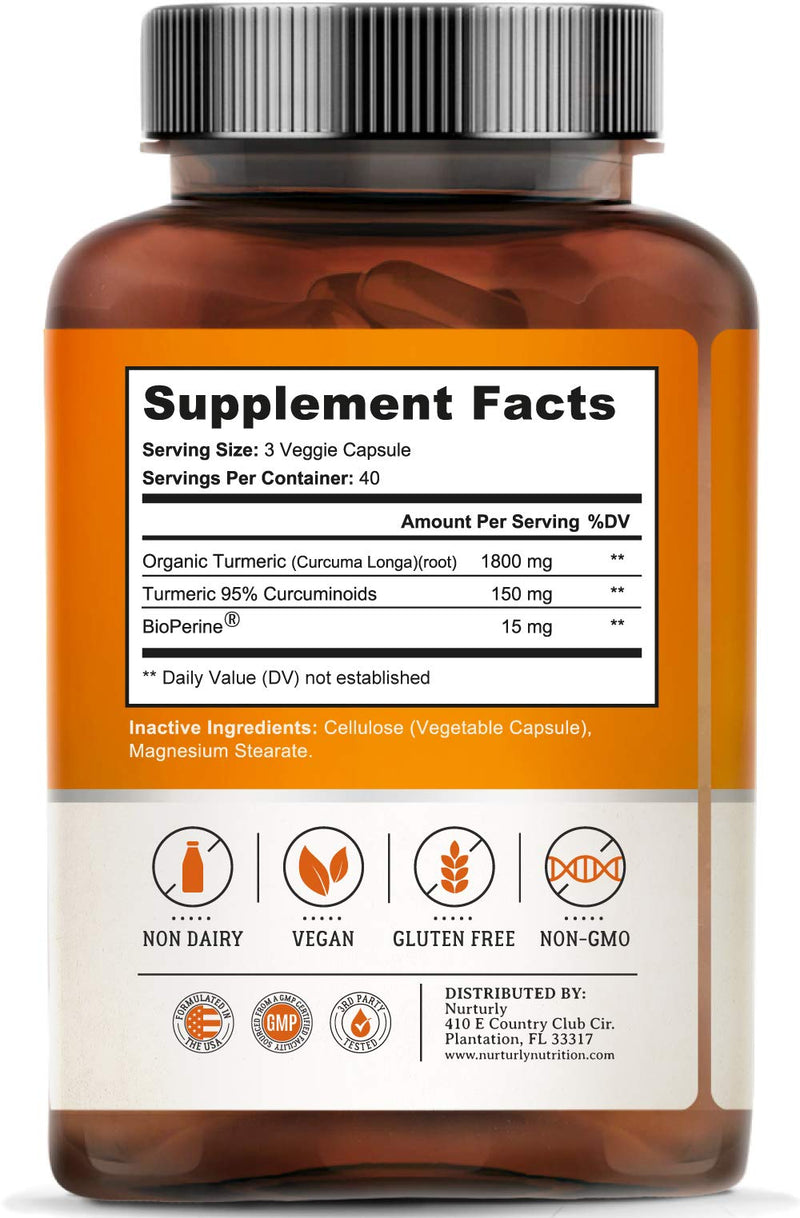 Turmeric Curcumin with BioPerine Black Pepper and 95% Curcuminoids – High Absorption Turmeric Supplements 1300mg for Joint, Hearth & Inflammatory Health – Non-GMO, Gluten Free - 120 Capsules 120 Count (Pack of 1) - BeesActive Australia