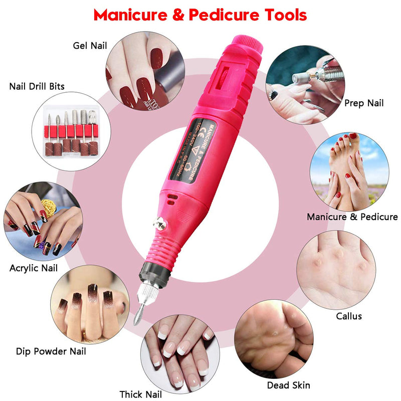 Portable Nail Drill Nail Art Drill Kit, Electric Nail File Manicure Drill Machine for Polishing Cuticles Nail, Professional Manicure Kit Multi-function Nail Polisher Tool with Sanding Bands Drill Bits Rose Red - BeesActive Australia