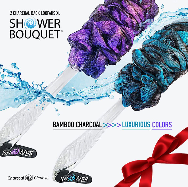 Loofah-Charcoal Back-Scrubbers Color-2-Pack-by-Shower-Bouquet: Long-Handle Bath-Sponge-Brushes with Extra Large Soft Mesh for Men & Women - Exfoliating Full Pure Cleanse in Bathing Accessories Charcoal Green, Charcoal Lavender - BeesActive Australia