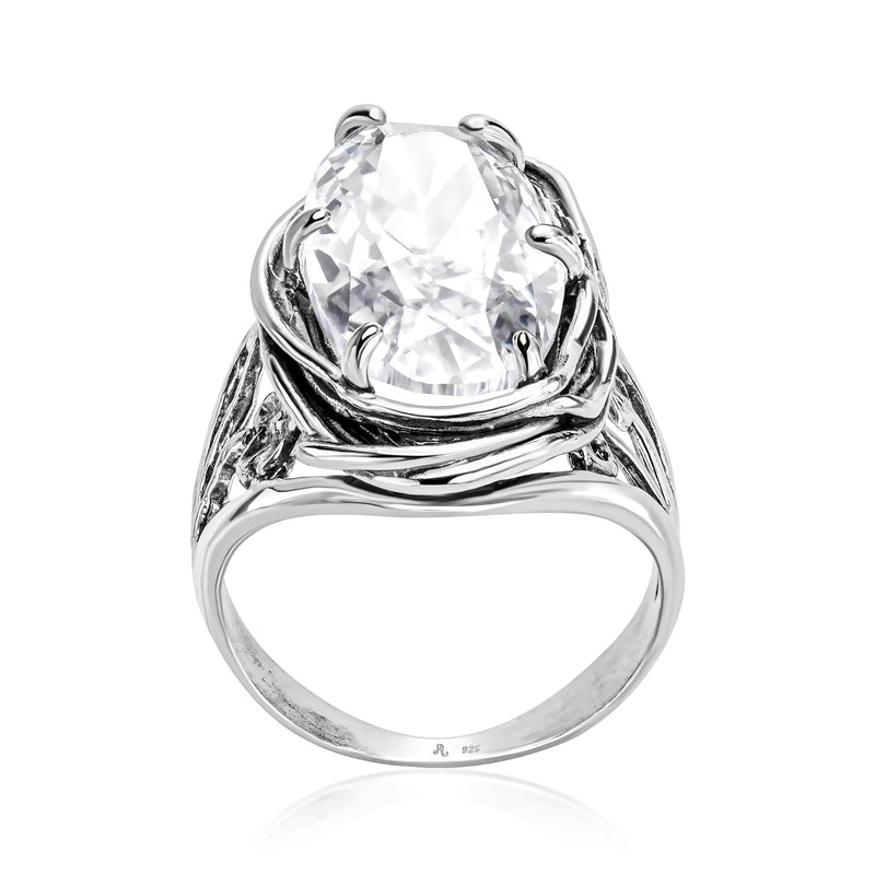 925 Sterling Silver Statement Ring With A White Oval Shaped Cubic Zirconia CZ Floral Vintage Antique Look Hypoallergenic, Nickel and Lead-free, Artisan Handcrafted Designer collection, Made In Isr 0 5 - BeesActive Australia