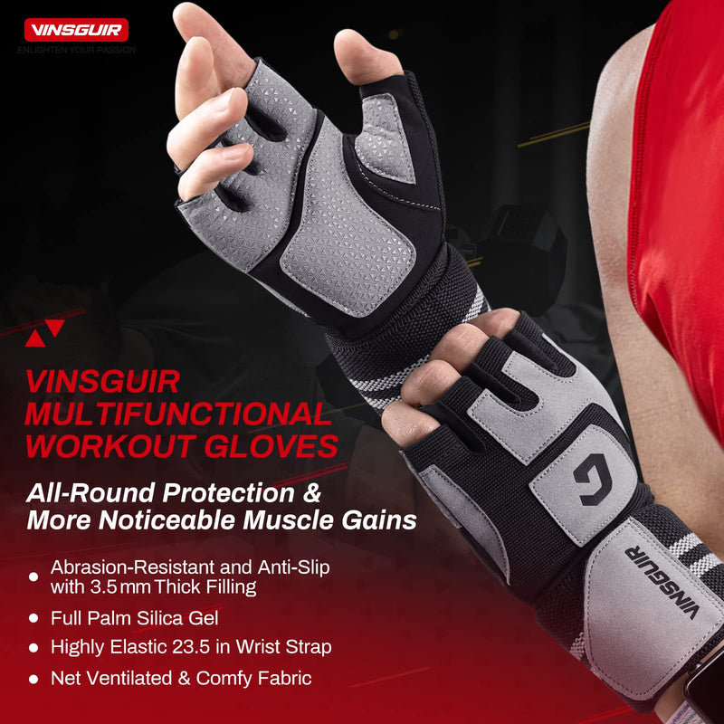 Vinsguir Workout Gloves for Men & Women - Multifunctional Weight Lifting Gym Gloves with Wrist Wraps Support, Full Palm Protection for Weightlifting, Training, Fitness, Exercise, Pull ups Grey Large(7-7.6 in) - BeesActive Australia