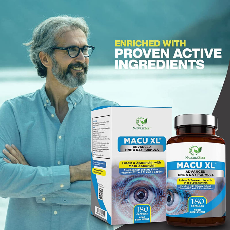 Macu XL - Lutein and Zeaxanthin Supplement - 6 Month Supply with Meso Zeaxanthin, Bilberry Extract, Vitamins A, B12 & Zinc, 180 Vegan Capsules - Eye Supplement for Vision Health � Packaging May Vary - BeesActive Australia