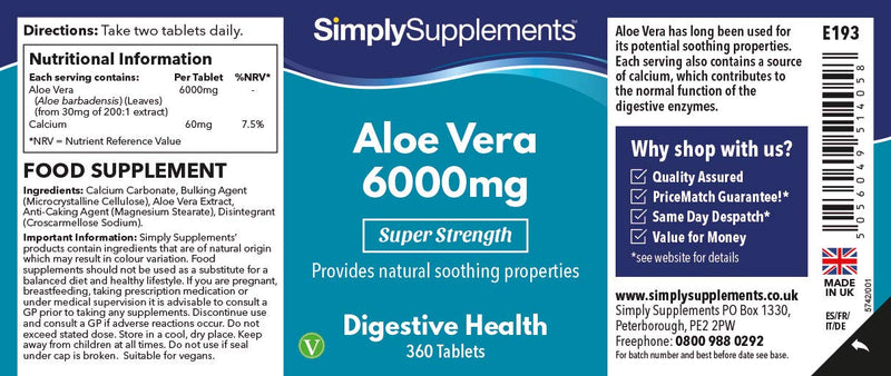 Aloe Vera Tablets 6000mg | Vegan & Vegetarian Friendly | 360 Tablets | Manufactured in The UK - BeesActive Australia
