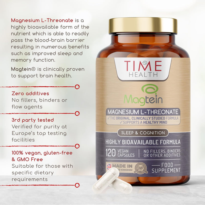 Magnesium L-Threonate (Magtein�) � 120 Capsules � High Strength 2100mg � Highly Bioavailable Chelated Form � UK Made to GMP & HACCP Standards � Zero Additives � Pullulan 120 Count (Pack of 1) - BeesActive Australia