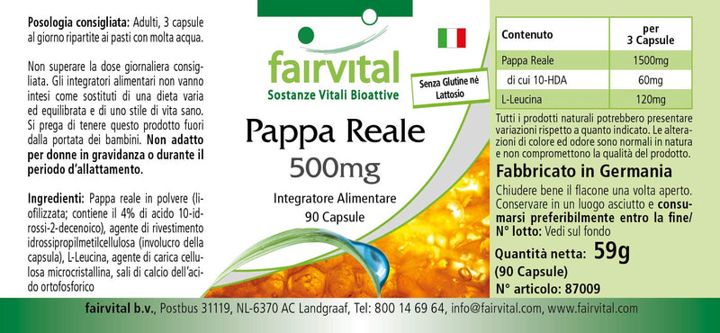 Fairvital | Royal Jelly Extract 500mg - HIGH Dosage - 90 Capsules - standardised to 4% 10-DHA - BeesActive Australia
