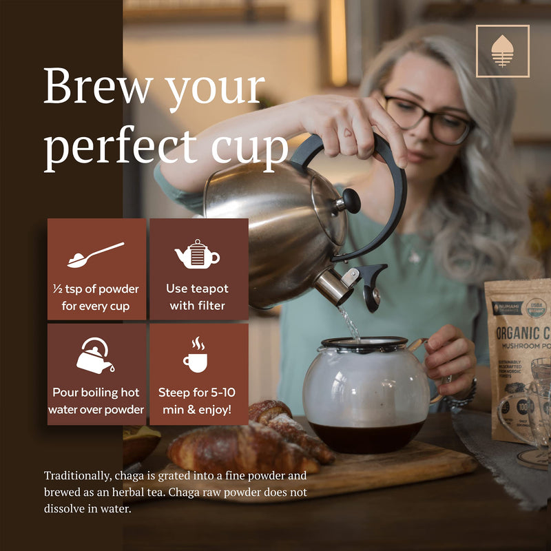 Organic Chaga Mushrooms Powder - Fine Powder to Make Chaga Tea for Immune Defense and More Energy, Organic Chaga is Wild Grown and Sustainably Harvested in Europe, Certified USDA Organic, 100 servings Chaga Powder - BeesActive Australia