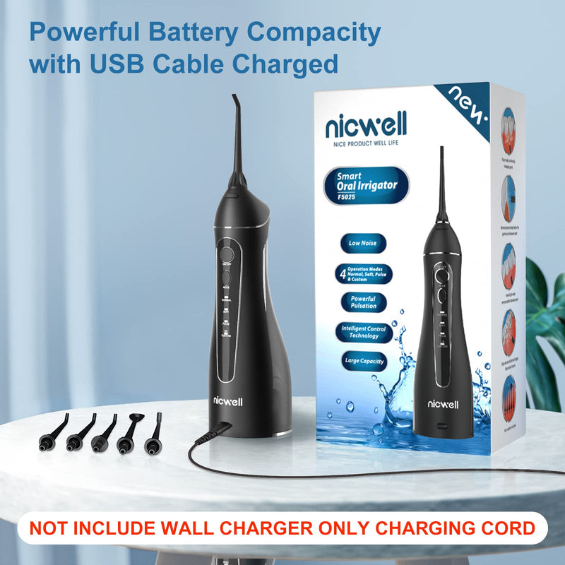 Water Dental Flosser Cordless for Teeth - Nicwell 4 Modes Dental Oral Irrigator, Portable and Rechargeable IPX7 Waterproof Powerful Battery Life Water Teeth Cleaner Picks for Home Travel Black - BeesActive Australia
