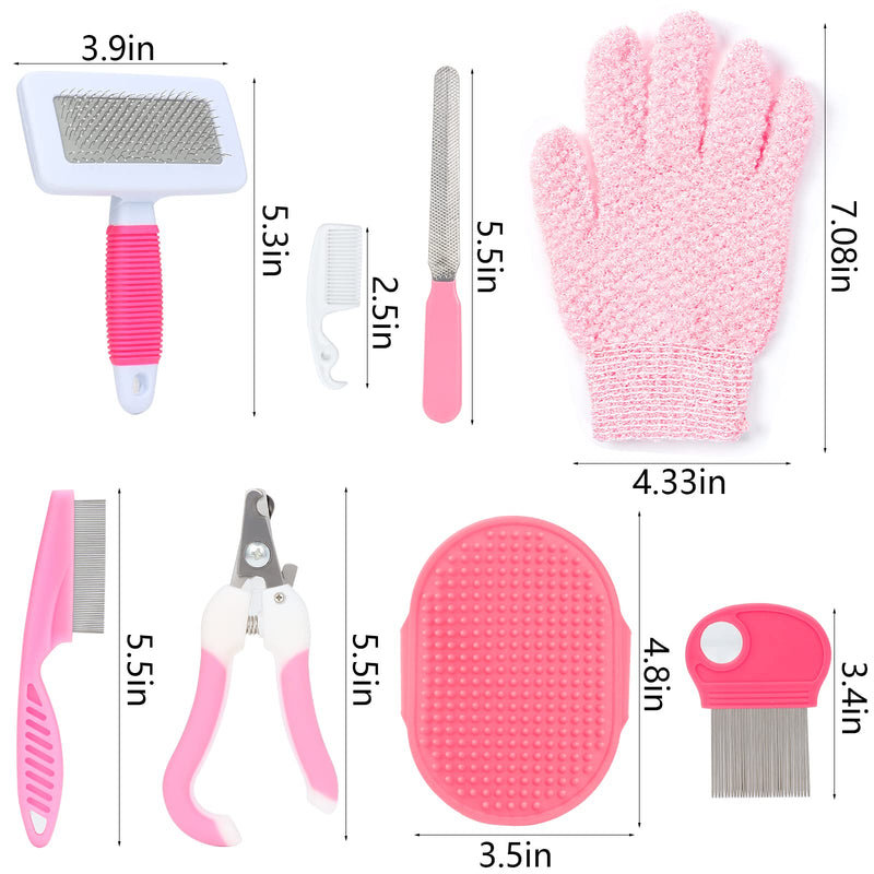 VCZONE 8 Pcs Small Animal Pink Grooming Kit, Rabbit Grooming Kit with Pet Nail Clipper and File, Flea Comb, Pet Shampoo Bath Brush , Pet Shedding Slicker Brush, Bath Massage Glove, Small Cleaning Comb - BeesActive Australia