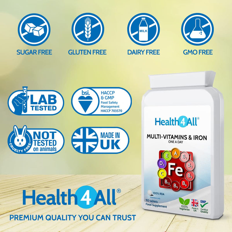 Multivitamins & Iron One a Day 90 Tablets . 100% RDA. Made in The UK by Health4All 90 Count (Pack of 1) - BeesActive Australia