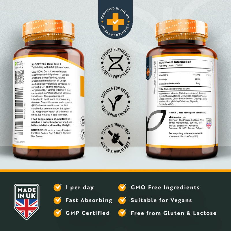 Vitamin C 1000mg � 180 Premium Vegan & Vegetarian Tablets � 6 Month Supply � High Strength Ascorbic Acid � with Added Bioflavonoids & Rosehip � for Normal Immune System � Made in The UK by Nutravita 180 Count (Pack of 1) - BeesActive Australia