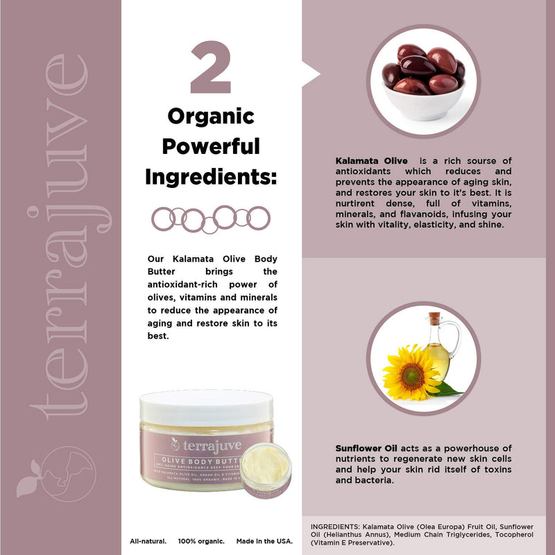 Organic Olive Body Butter Lotion by Terrajuve, with Kalamata Olives, Anti Aging Antioxidants for Radiant Skin, with Argan Oil,  Vitamins B6, C, E and K, and Fruit Oils, Pure, All Natural, Made in USA - BeesActive Australia