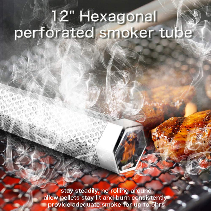 [AUSTRALIA] - Pellet Smoker Tube, 12'' Stainless Steel BBQ Wood Pellet Tube Smoker for Cold/Hot Smoking, Portable Barbecue Smoke Generator Works with Electric Gas Charcoal Grill or Smokers, Bonus Brush, Hexagon Hexagonal 