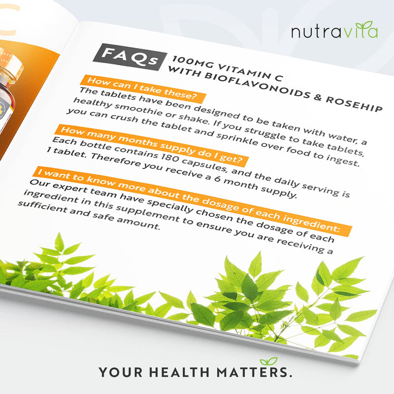 Vitamin C 1000mg � 180 Premium Vegan & Vegetarian Tablets � 6 Month Supply � High Strength Ascorbic Acid � with Added Bioflavonoids & Rosehip � for Normal Immune System � Made in The UK by Nutravita 180 Count (Pack of 1) - BeesActive Australia