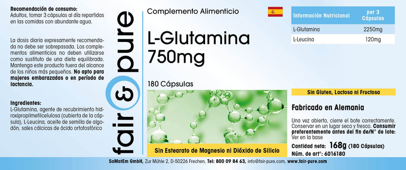 Fair & Pure L-Glutamine 750mg, in Free Form, Vegan, 750mg, 180 Capsules - BeesActive Australia