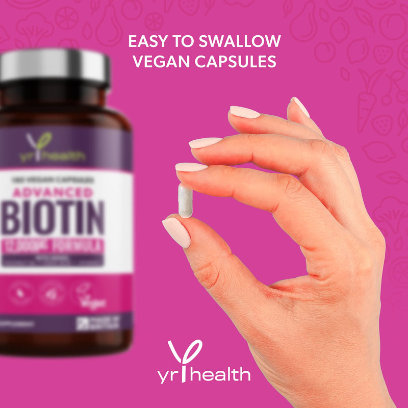 Biotin Hair Growth Supplement 12,000mcg, 180 Vegan Capsules not Biotin Tablets for Hair Skin and Nails with Coconut Oil, Vitamin C & Folic Acid, Vitamin B7 for Men and Women - Made in UK by YrHealth - BeesActive Australia