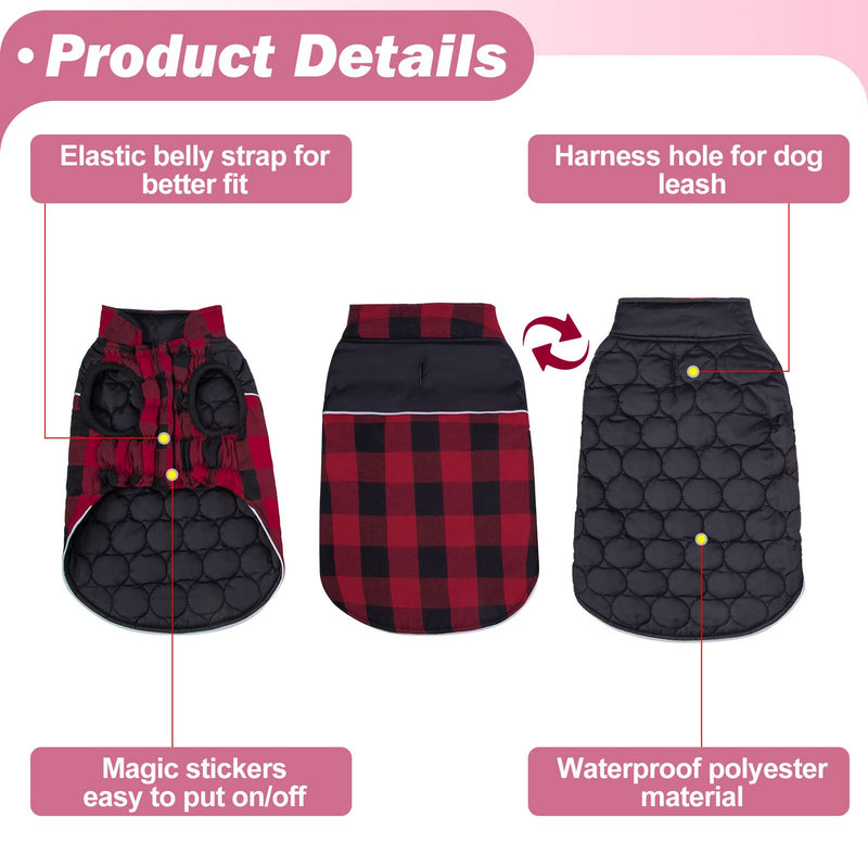 BEAUTYZOO Warm Dog Jacket Reversible British Style Plaid Dog Vest Windproof Winter Dog Coat Fleece Lining Dog Apparel Dog Jacket for Small Medium Large Dogs Medium (Pack of 1) Red - BeesActive Australia