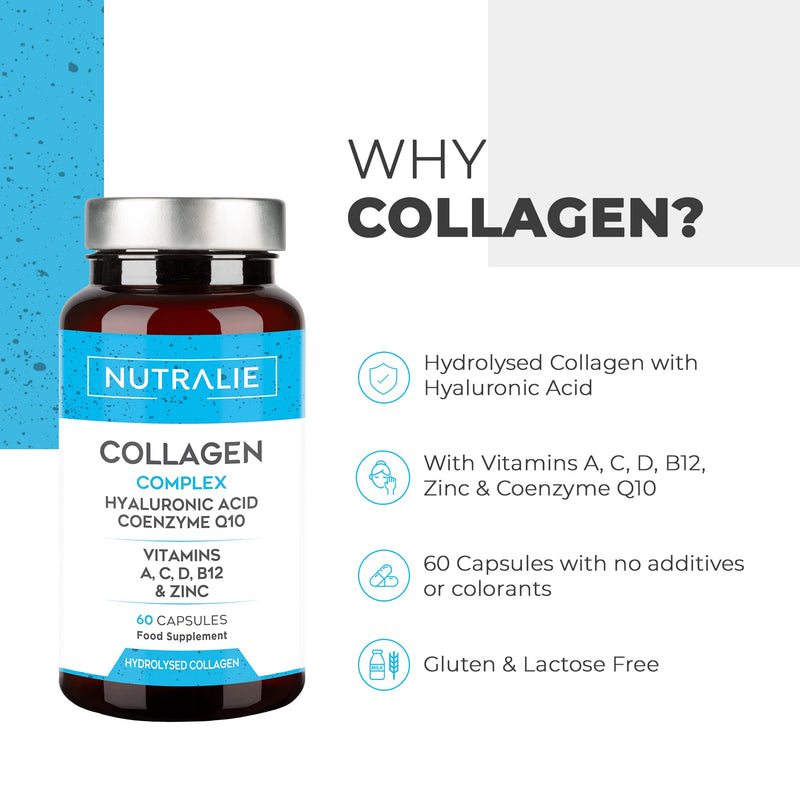 Collagen + Hyaluronic Acid + Coenzyme Q10 + Vitamins A, C, D and B12 + Zinc | for Skin, Joints and Hair | Hydrolysed Collagen 60 Capsules | Nutralie - BeesActive Australia
