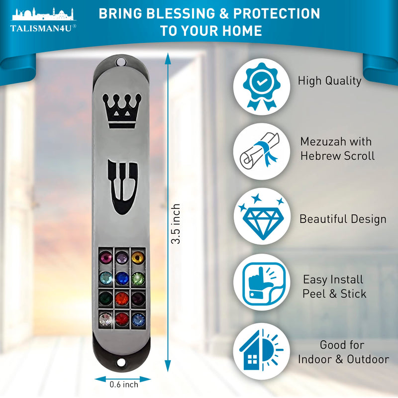TALISMAN4U Pewter MEZUZAH Case with Scroll 12 Tribes of Israel Hoshen Design Jewish Torah Crown Judaica Protection Door Mezuza 3.5 Inch - BeesActive Australia