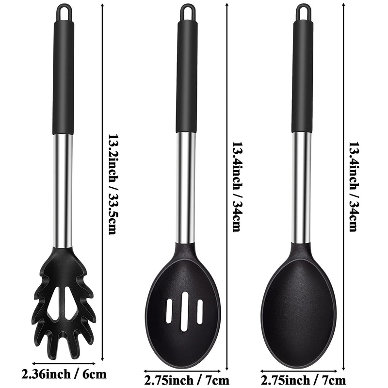 Silicone Cooking Spoons, Large Heat Resistant Silicone Pasta Slotted Spoon Solid Spoon for Nonstick Cookware, BPA Free Black Silicone Kitchen Spoons Dishwasher Safe for Cooking Mixing Serving, 3 Pack 13 inch silicone cooking Spoons - BeesActive Australia