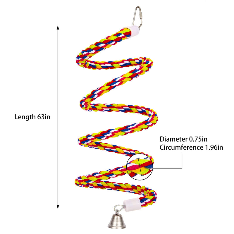 OSWINMART 2Pcs 63'Bird Rope Perches Birdcage Swing Toys 100% Cotton No Smell Peck/Chewing with Bell Climbing Standing Bungee Bird Toys for Small to Regular Size Parrot Cockatiel Birds 63'x2pcs - BeesActive Australia