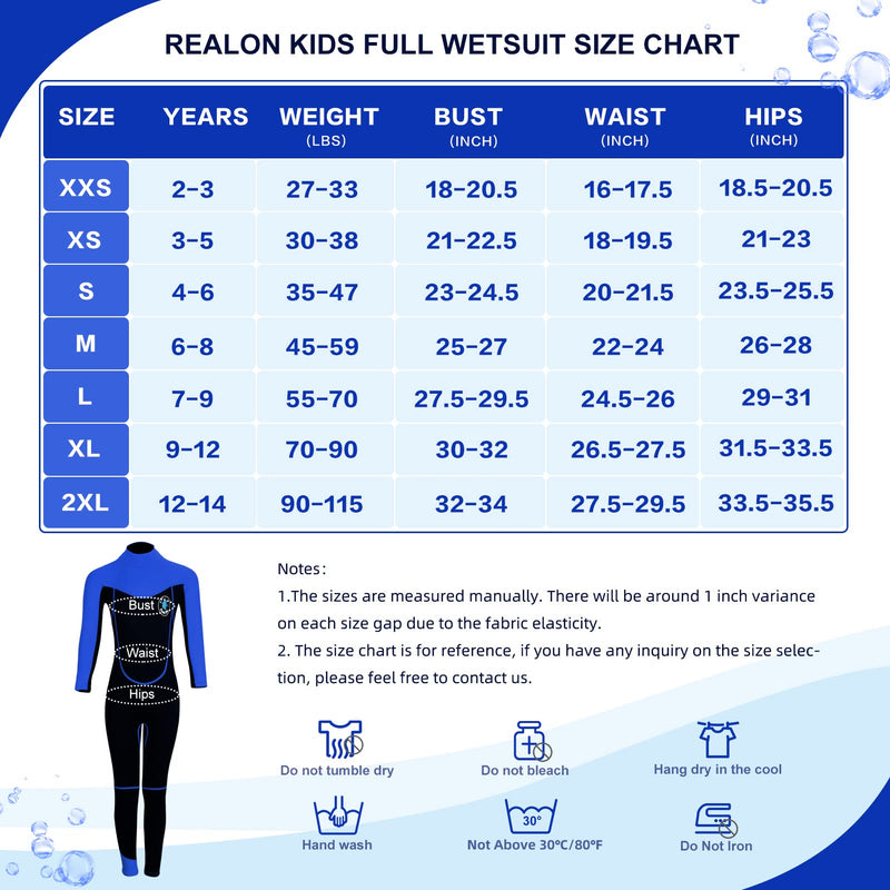 REALON Wetsuit Kids for Boys/Girls Full/Shorty Baby One Piece Wet Suit 2mm Neoprene 3t to 12t Toddler/Infant Swimsuit for Surfing Snorkeling Swimming 2mm blue full 2X-Small - BeesActive Australia