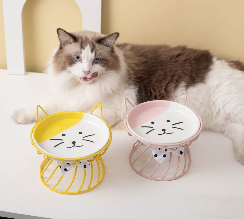Ceramic Cat Food Bowls with Stand,Tilted Elevated Cat Bowl, Pet Food Bowl for Flat Faced Cats, Protect Pet's Spine, Dishwasher Safe… Yellow - BeesActive Australia