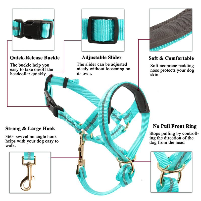 Dog Head Collar, No Pull Dog Halter with Soft Padding, Durable, Reflective Training Tool for Medium Large Dogs, Labrador, Stops Heavy Pulling and Easy Control on Walks, Includes Free Training Guide Turquoise - BeesActive Australia