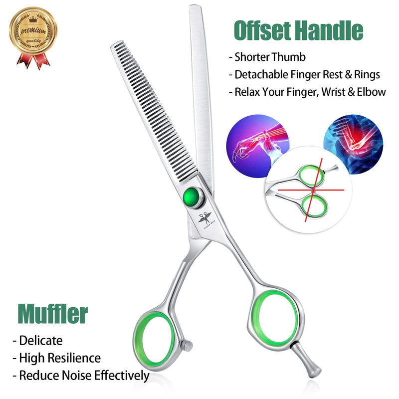 7 Inch Straight, Downward Curved Dog Grooming Scissors Set Professional Pet Cutting, Thinning Texturizing, Chunker Shears Safety Trimming Shearing for Dogs Cats Japanese Stainless Steel Silver - BeesActive Australia